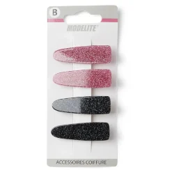 Gifi Beauté^Lot de 4 pinces à cheveux plates crocodile paillettes noir et rose