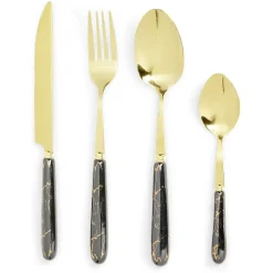 Gifi Ménagère inox x16 doré avec manche effet marbre