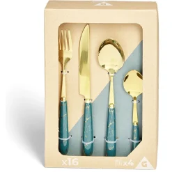 Gifi Ménagère inox x16 doré avec manche effet marbre