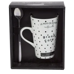Gifi Mug porcelaine avec cuillère inox motif pois noir blanc 45 cl