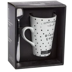 Gifi Mug porcelaine avec cuillère inox motif pois noir blanc 45 cl