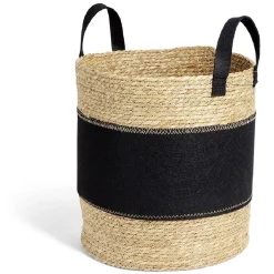 Gifi Entretien Du Linge|Panière à linge ronde 52L Ø37xH38cm jonc de mer et feutrine noir