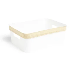 Gifi Rangement|Panière blanche avec rebord imitation bois 35,5x26xH13,5cm