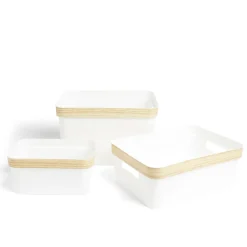 Gifi Rangement|Panière blanche avec rebord imitation bois 35,5x26xH13,5cm