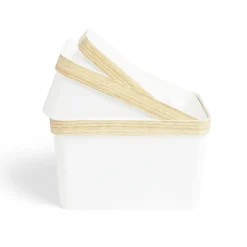 Gifi Rangement|Panière blanche rebord imitation bois 35,5x26xH21,5cm