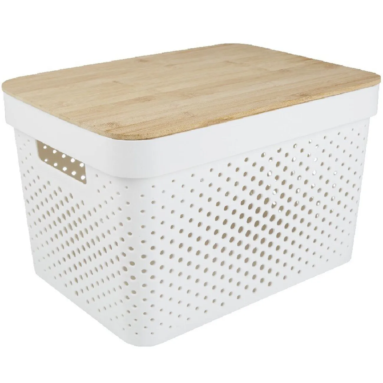 Gifi Rangement|Panière de rangement blanche avec couvercle en bambou