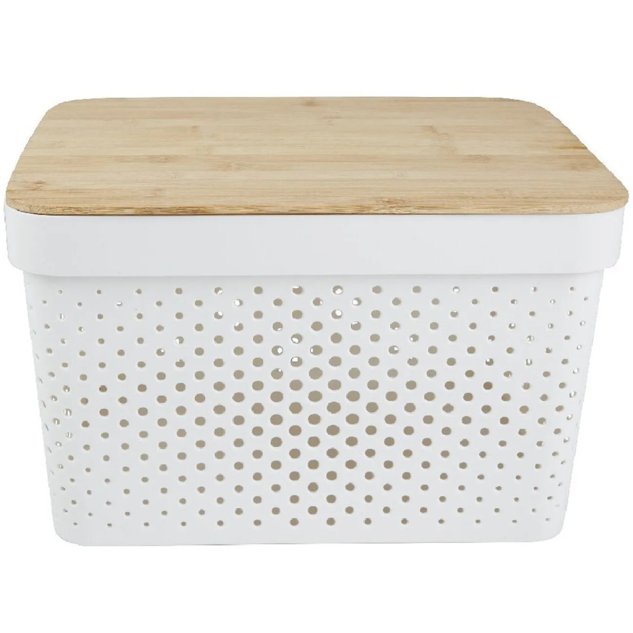 Gifi Rangement|Panière de rangement blanche avec couvercle en bambou