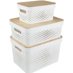 Gifi Rangement|Panière de rangement blanche avec couvercle en bambou