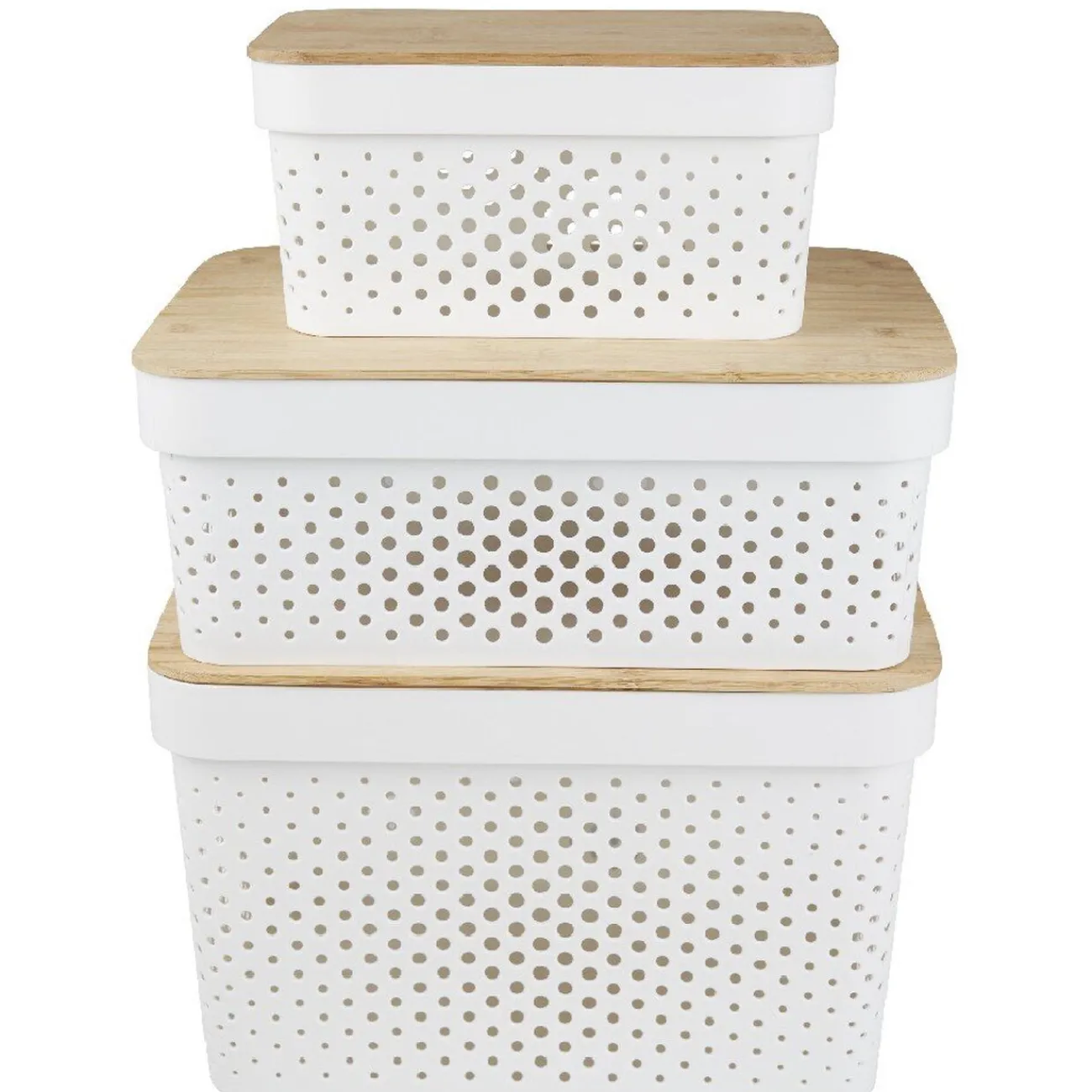 Gifi Rangement|Panière de rangement blanche avec couvercle en bambou