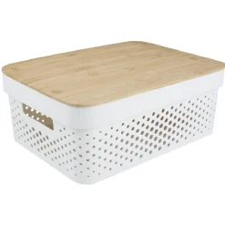 Gifi Rangement|Panière de rangement blanche avec couvercle en bambou