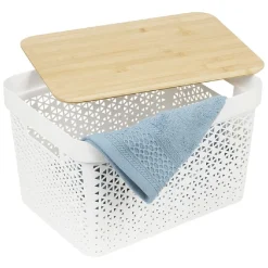 Gifi Rangement|Panière de rangement blanche avec couvercle en bambou grand modèle