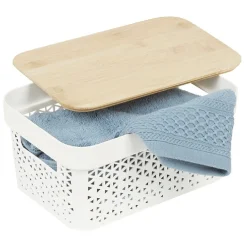 Gifi Rangement|Panière de rangement blanche avec couvercle en bambou moyen modèle
