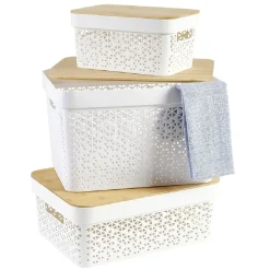 Gifi Rangement|Panière de rangement blanche avec couvercle en bambou moyen modèle