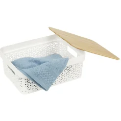 Gifi Rangement|Panière de rangement blanche avec couvercle en bambou petit modèle