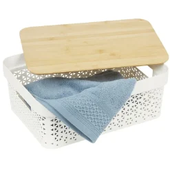 Gifi Rangement|Panière de rangement blanche avec couvercle en bambou petit modèle