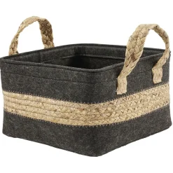 Gifi Rangement|Panière en jonc de mer noir avec bande déco naturel - 25x23xH25 cm