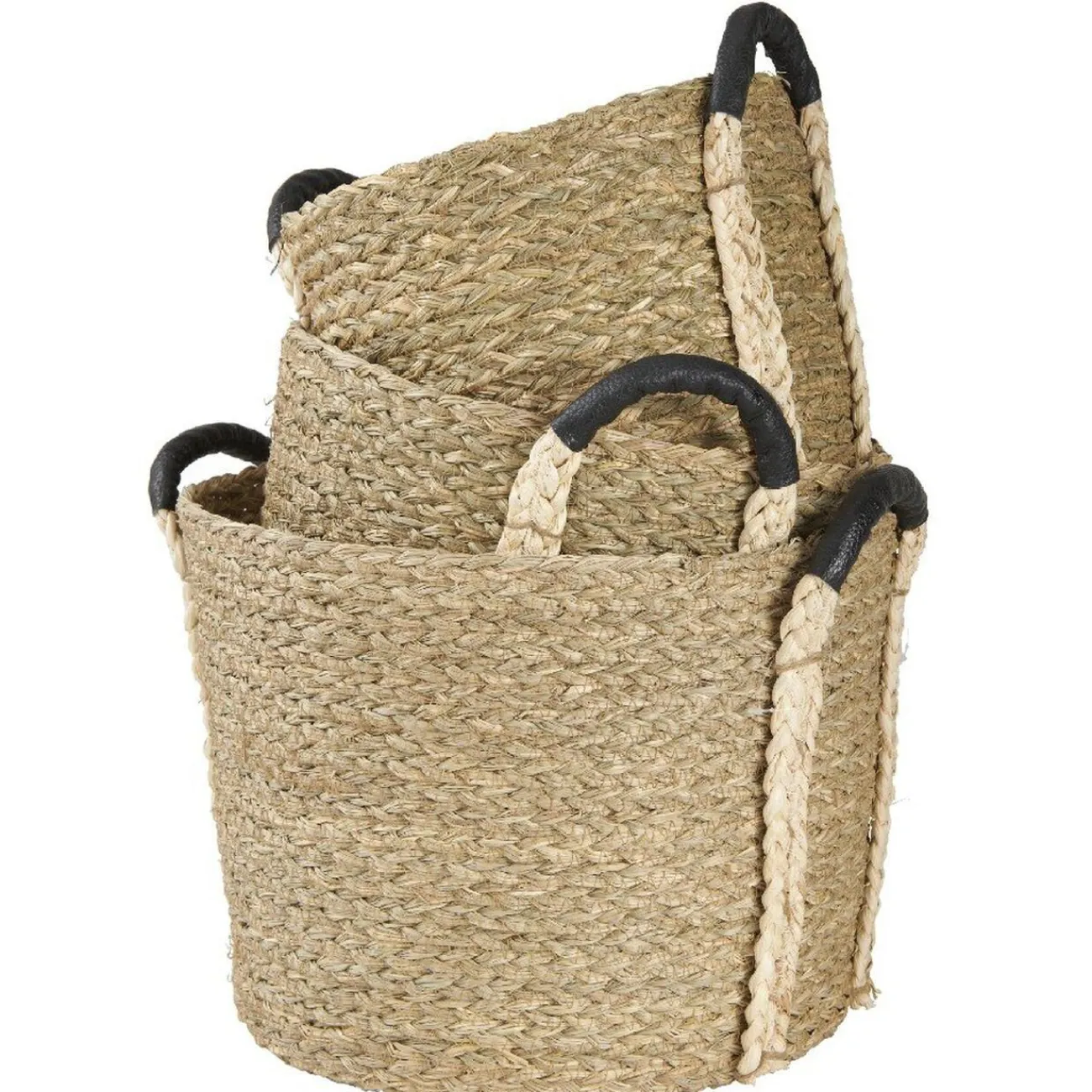 Gifi Rangement|Panière en jonc naturel avec anse effet cuir x3