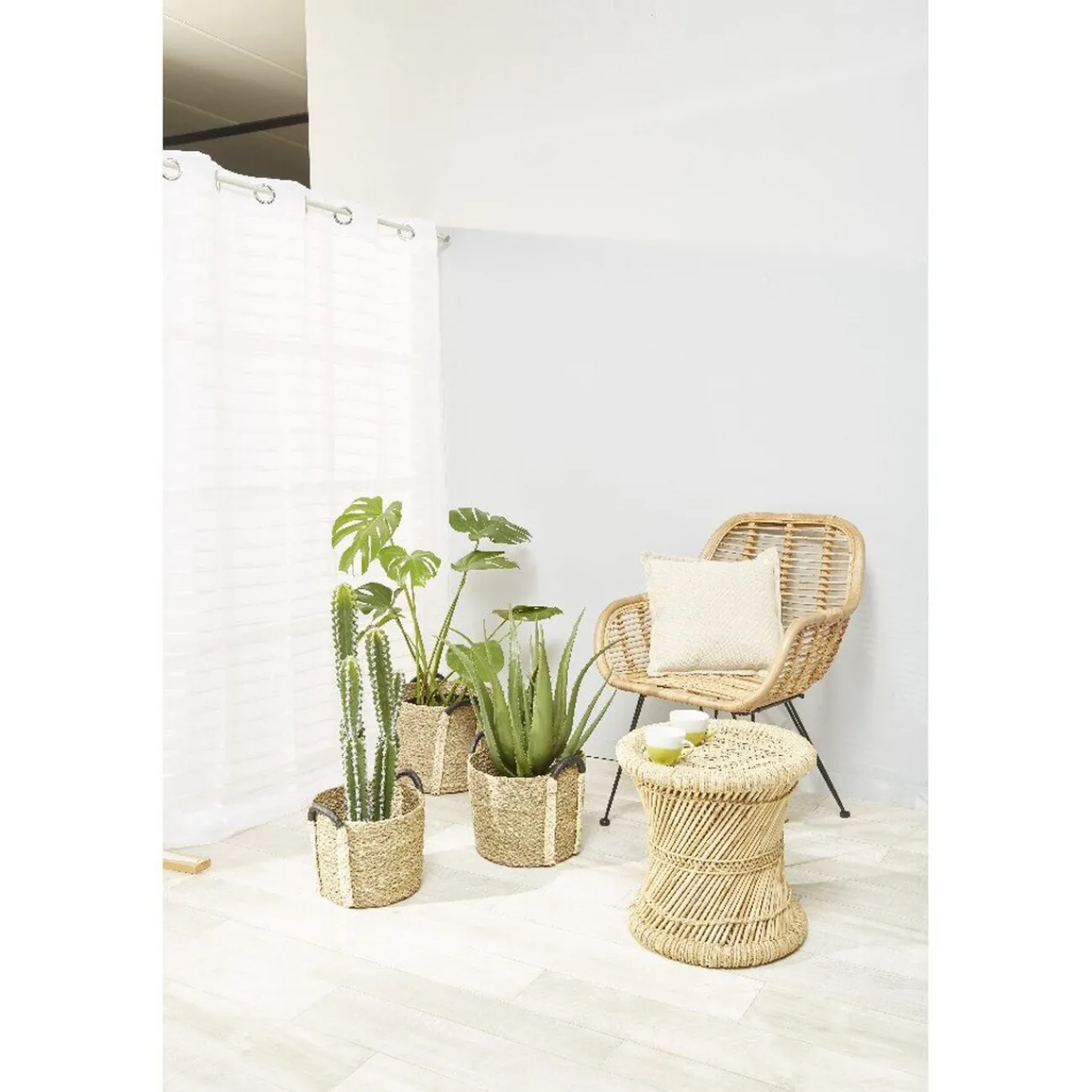 Gifi Rangement|Panière en jonc naturel avec anse effet cuir x3