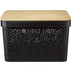 Gifi Rangement|Panière noire avec couvercle bambou naturel H21,5 cm