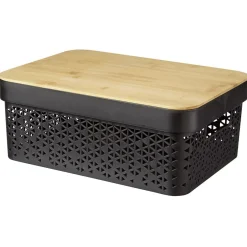 Gifi Rangement|Panière noire avec couvercle bambou naturel H13,5 cm