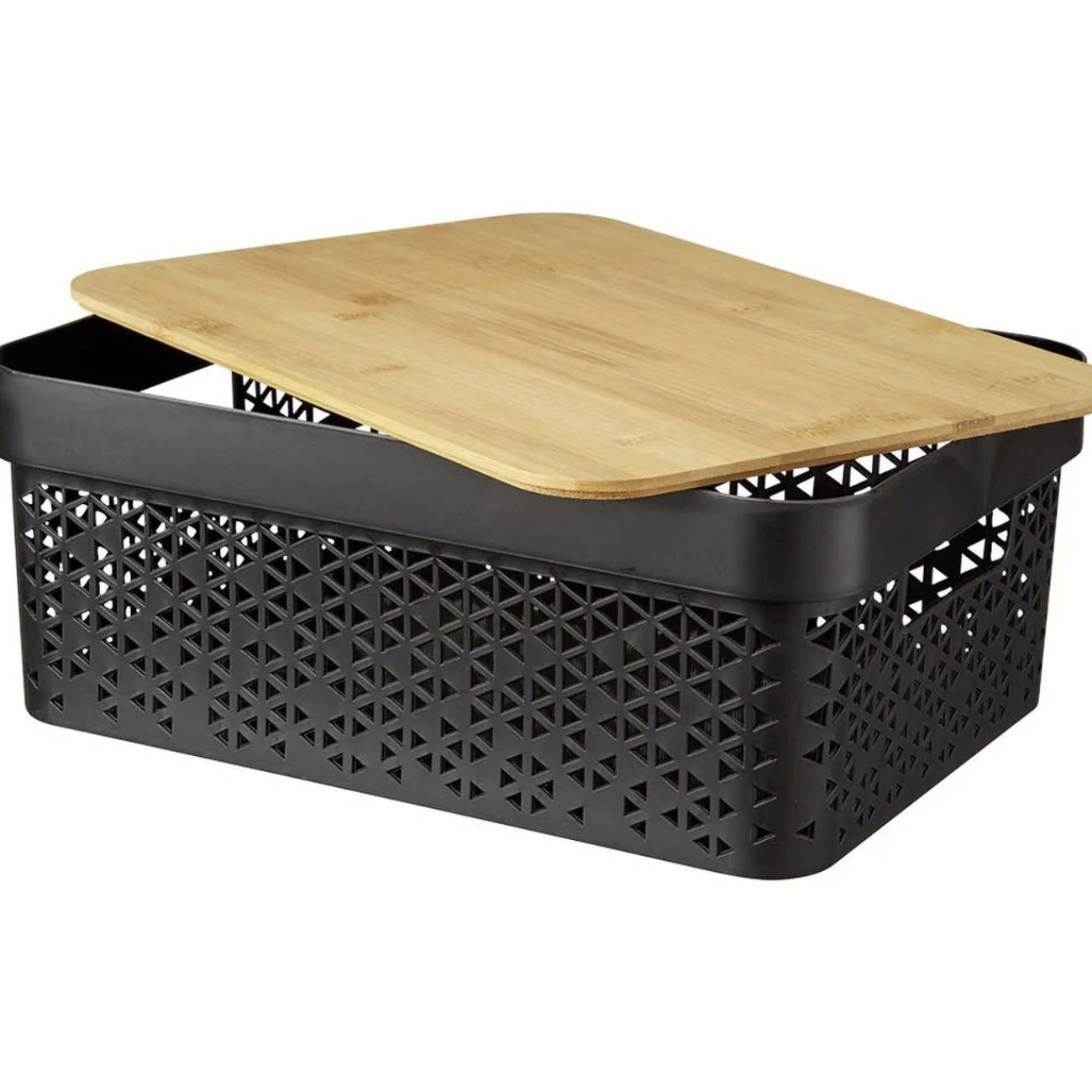 Gifi Rangement|Panière noire avec couvercle bambou naturel H13,5 cm