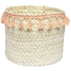 Gifi Rangement|Panière ronde en jonc naturel avec pompons orange Ø19 cm