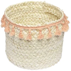 Gifi Rangement|Panière ronde en jonc naturel avec pompons orange Ø19 cm