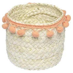Gifi Rangement|Panière ronde en jonc naturel avec pompons orange Ø16 cm