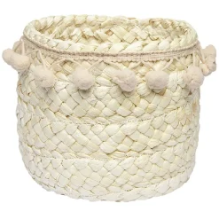 Gifi Rangement|Panière ronde en jonc naturel avec pompons rose Ø16 cm