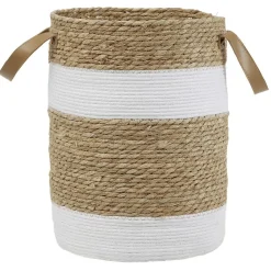 Gifi Rangement|Panière ronde en jute naturel bandes blanches Ø30xH40 cm - LENA