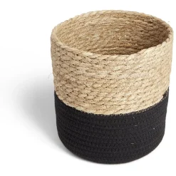 Gifi Rangement|Panière tressée bi-matière coton et jacynthe noir et naturel Ø21xH21cm