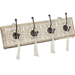 Gifi Rangement|Patère manguier sculpté naturel 4 crochets avec pompons