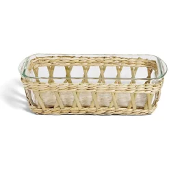 Gifi Plat à four en verre transparent et déco raphia beige 28x11,5xH8,5cm
