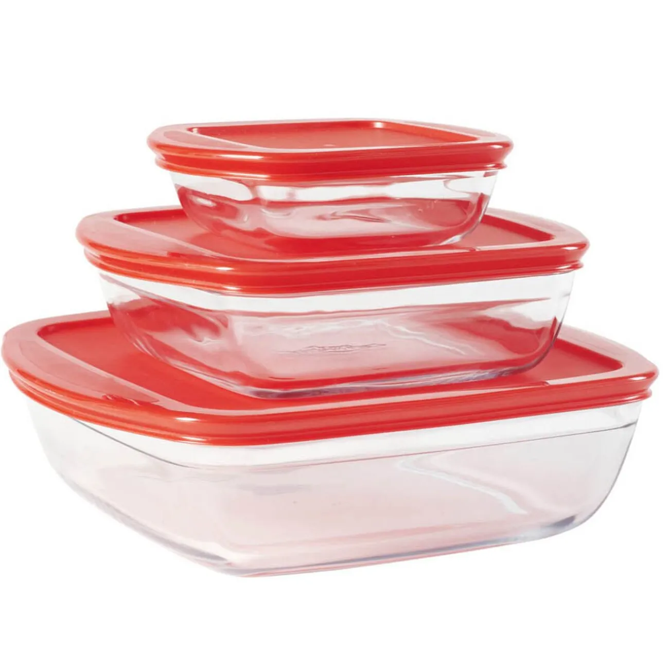 Gifi Plat en verre transparent Ôcuisine avec couvercle rouge x3