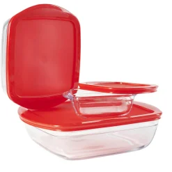 Gifi Plat en verre transparent Ôcuisine avec couvercle rouge x3