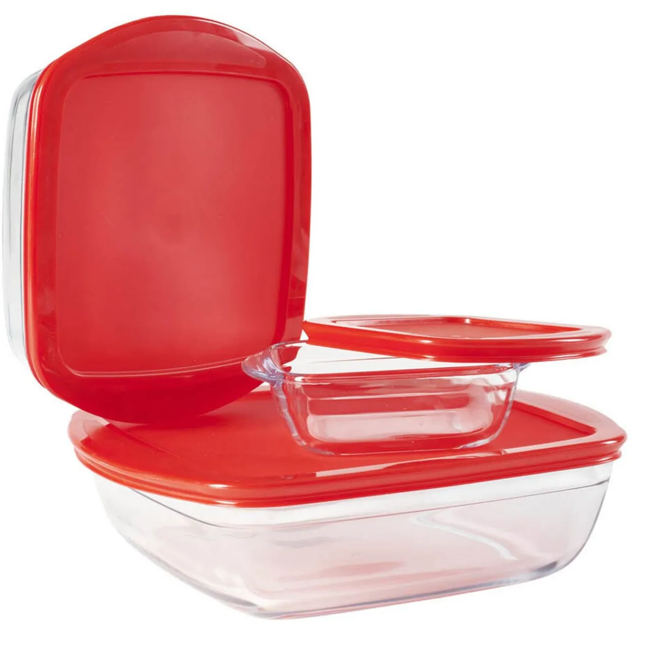 Gifi Plat en verre transparent Ôcuisine avec couvercle rouge x3