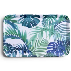Gifi Plateau rectangulaire mélaminé feuillage exotique blanc et bleu 19x30cm