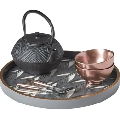 Gifi Plateau rond inspiration orientale en métal et bois rouge ou gris