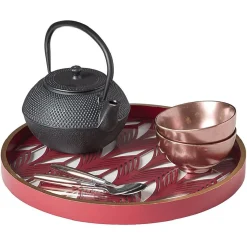 Gifi Plateau rond inspiration orientale en métal et bois rouge ou gris