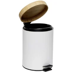 Gifi Nettoyage Et Entretien|Poubelle salle de bain à pédale couvercle bambou et métal blanc 5L