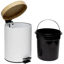 Gifi Nettoyage Et Entretien|Poubelle salle de bain à pédale couvercle bambou et métal blanc 5L