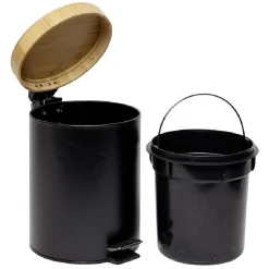 Gifi Nettoyage Et Entretien|Poubelle salle de bain à pédale couvercle bambou et métal noir 5L