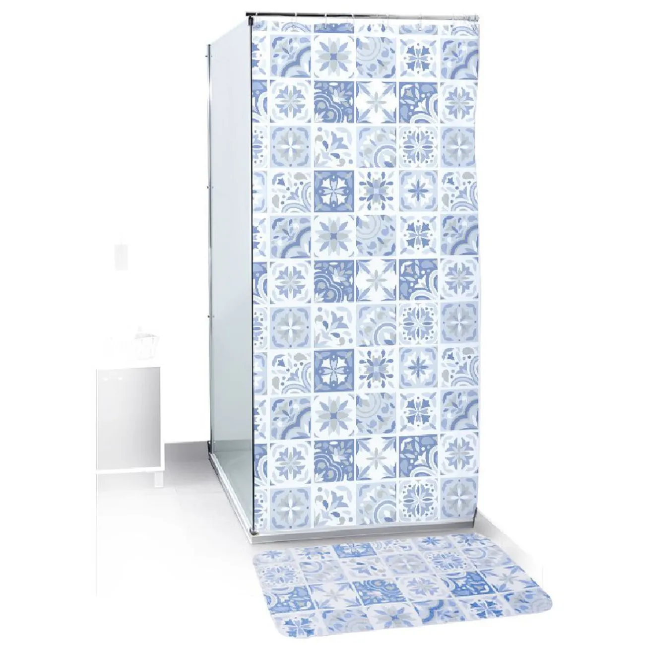 Gifi Equipement Douche^Rideau de douche 12 anneaux et tapis de bain assorti