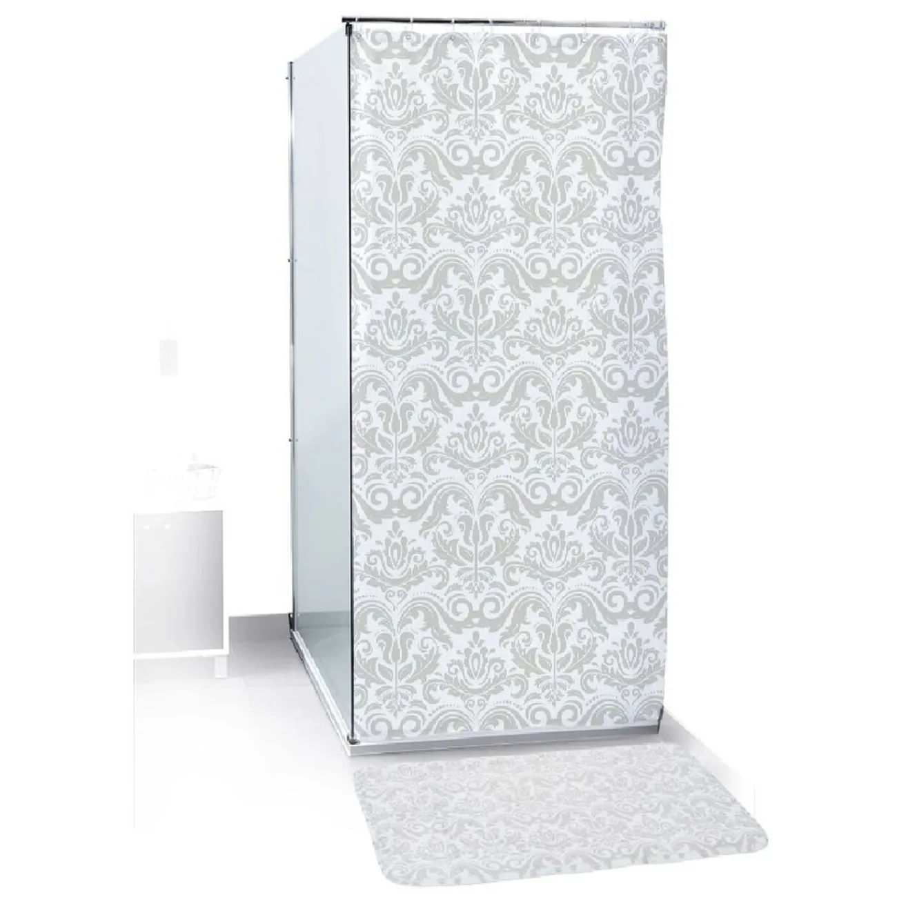 Gifi Equipement Douche^Rideau de douche 12 anneaux et tapis de bain assorti