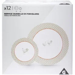 Gifi Service à vaisselle design campagne poule 12 pièces gris blanc rouge