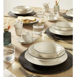 Gifi Service à vaisselle porcelaine blanc liseré noir 36 pièces
