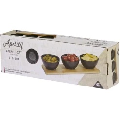 Gifi Service apéritif 3 bols en porcelaine et 1 planche en bambou