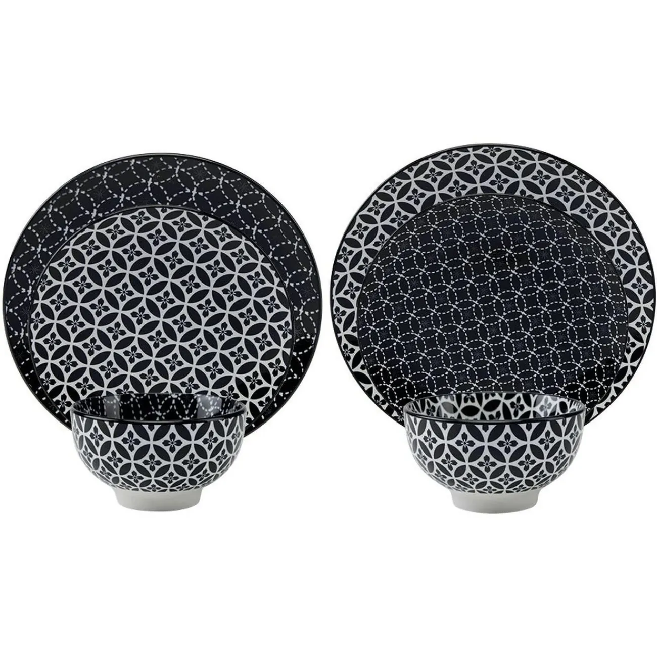 Gifi Service vaisselle en porcelaine 18 pièces motif graphique noir et blanc