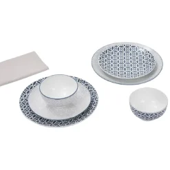 Gifi Service vaisselle en porcelaine 18 pièces motif graphique bleu et blanc