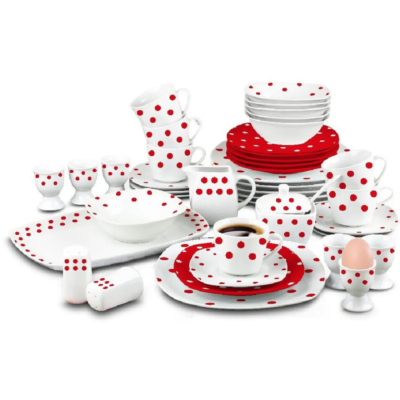 Gifi Service vaisselle porcelaine rouge et blanc à pois